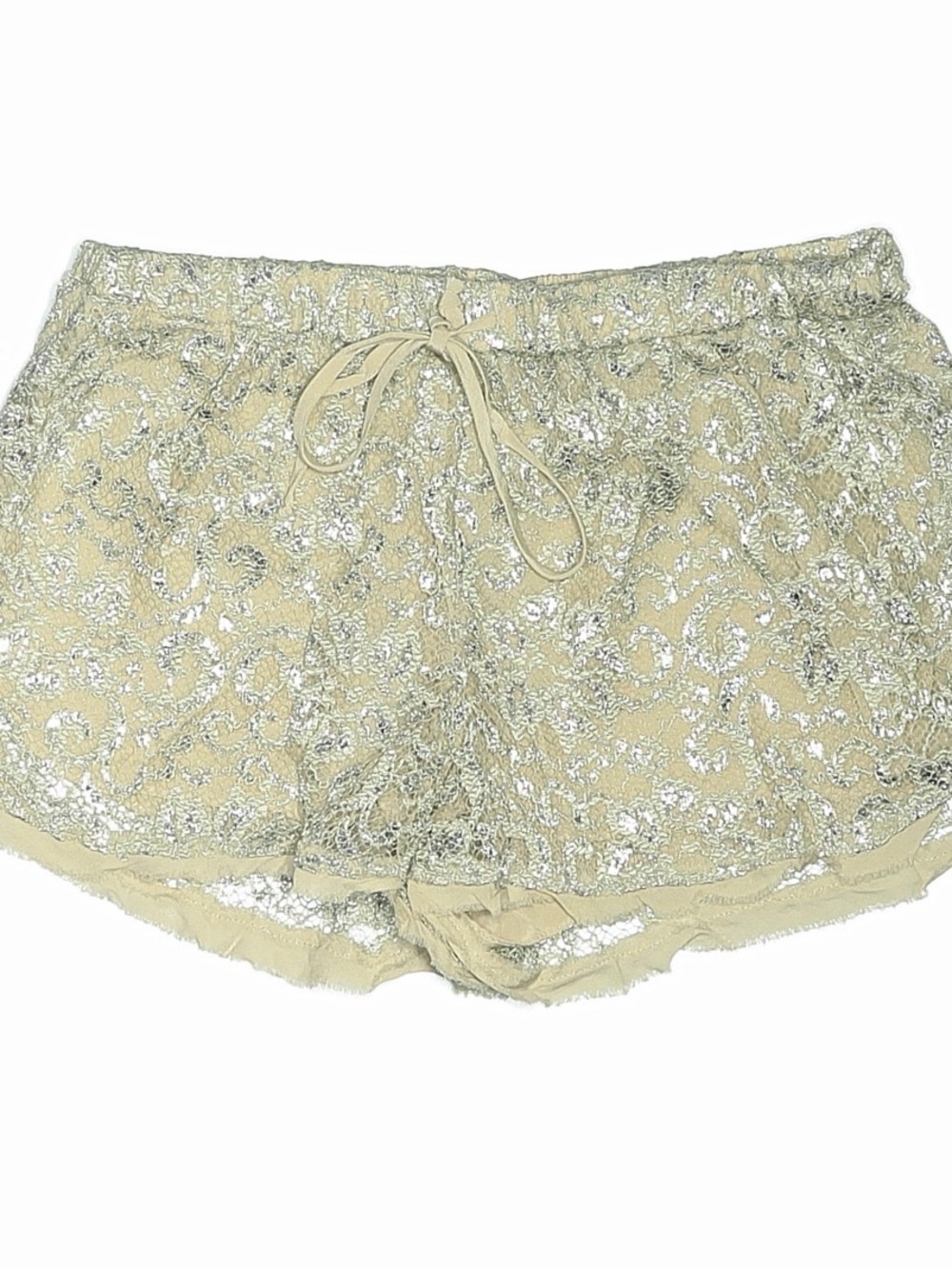 Haute Hippie Cream Shorts with Silver Metallic Lace Overlay